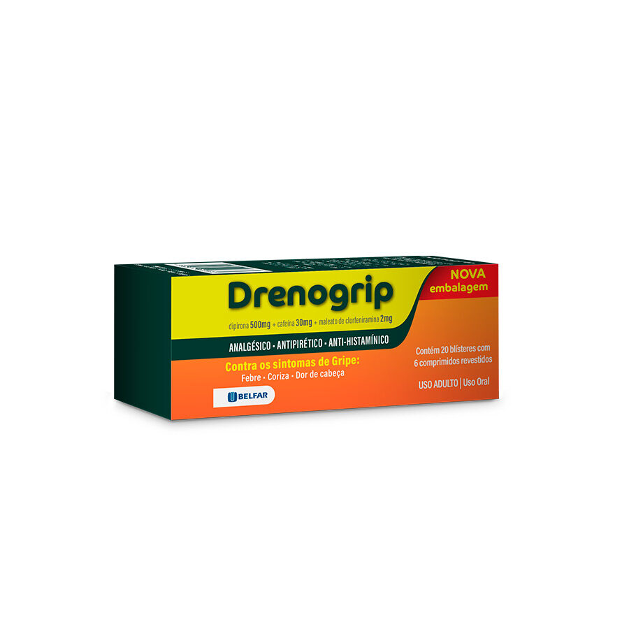 Drenogrip 20 Blisters com 6 comp.<BR><H5>Cafeína 30mg + maleato de clorfeniramina 2mg + dipirona 500mg</H5>